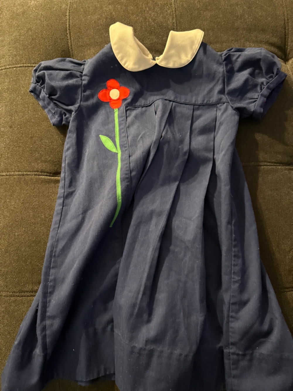 Girls Navy Peter Pan Collar Dress with Flower Applique